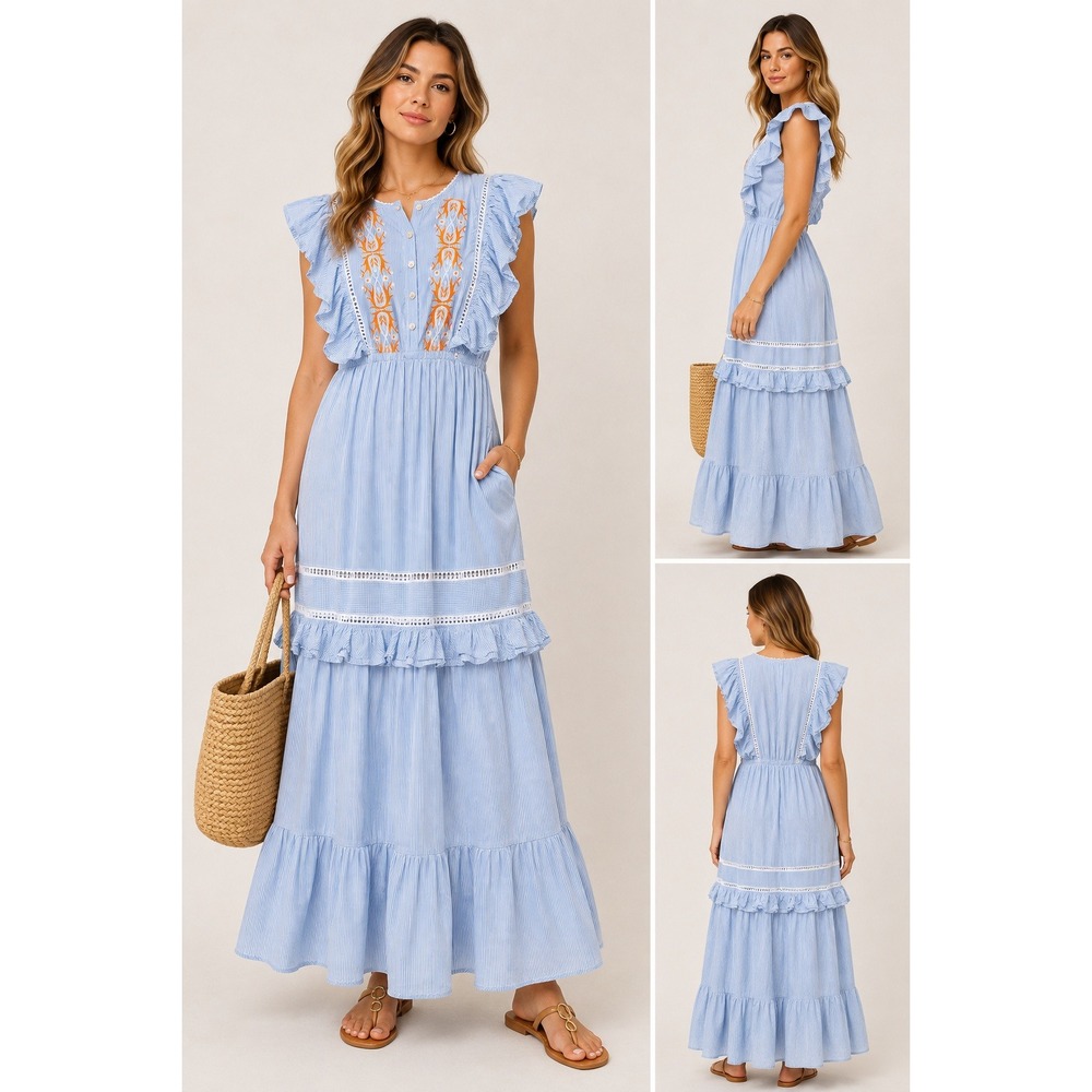Beatnik Philosophy Barok Paris Blue White Stripe Embroidered Tiered Maxi Dress S